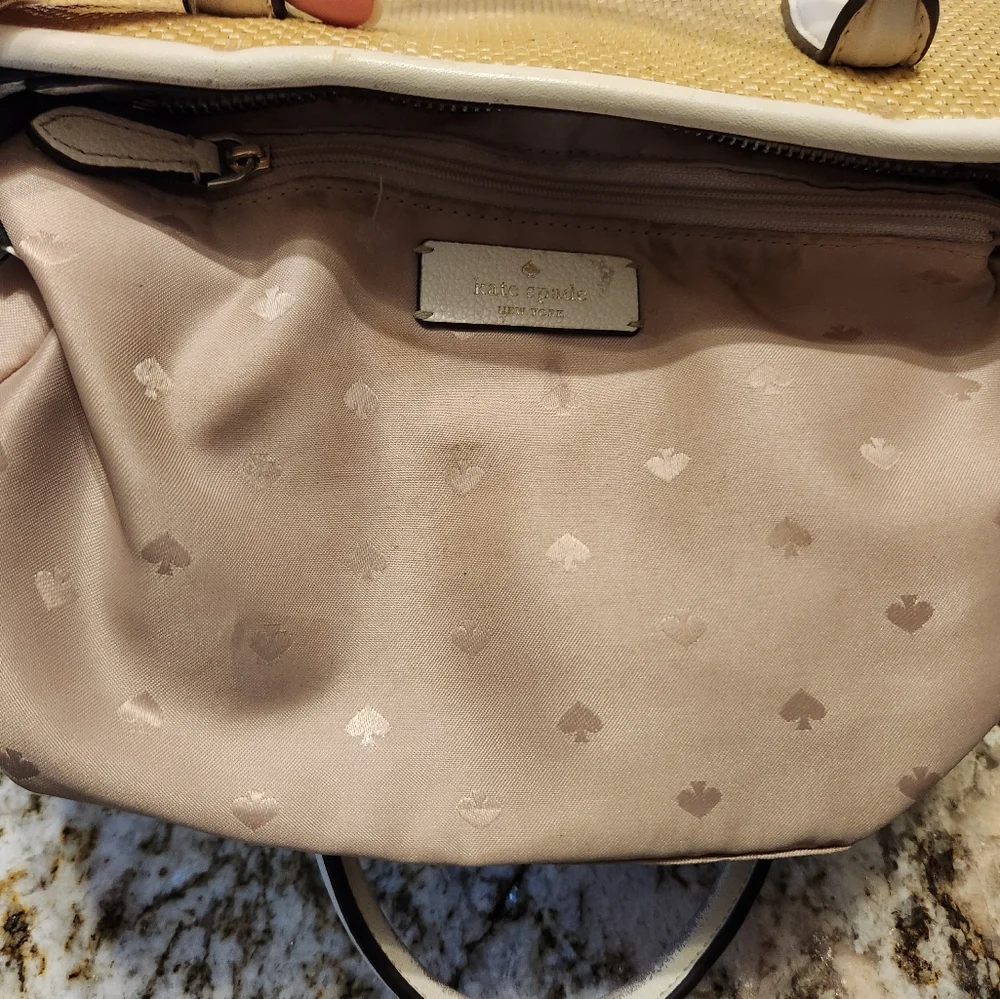 Kate Spade Handbag, Lucia Straw Medium Satchel Tan & White Crossbody EUC Summer